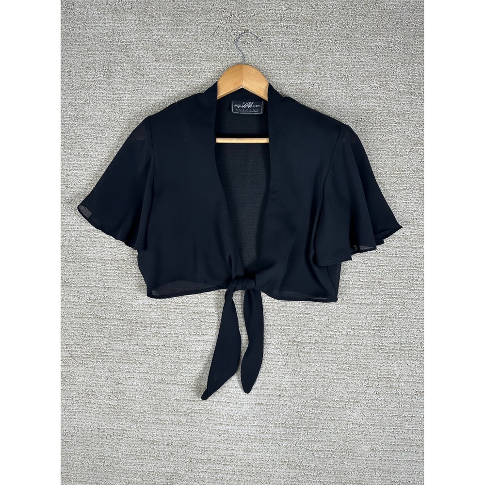 Molly Malloy Evening Black Chiffon Bolero Shrug Front Tie Flutter Sleeve Cropped